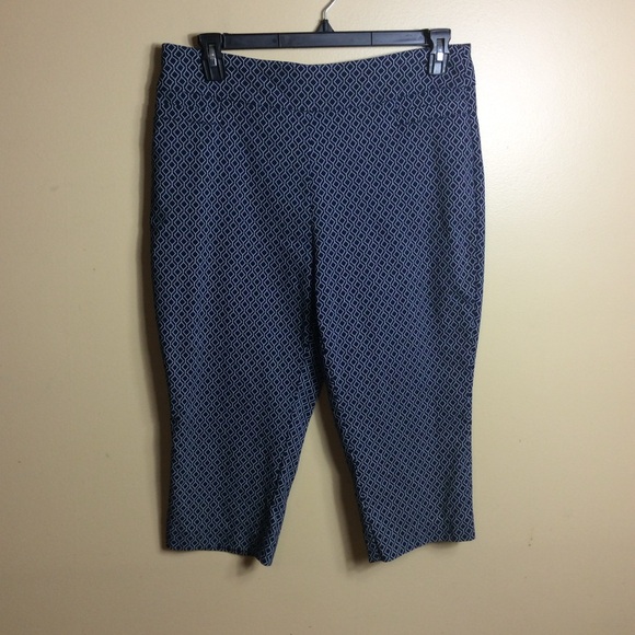 Kim Rogers patterned blue pull on capris. Petite. 16P - Picture 2 of 6